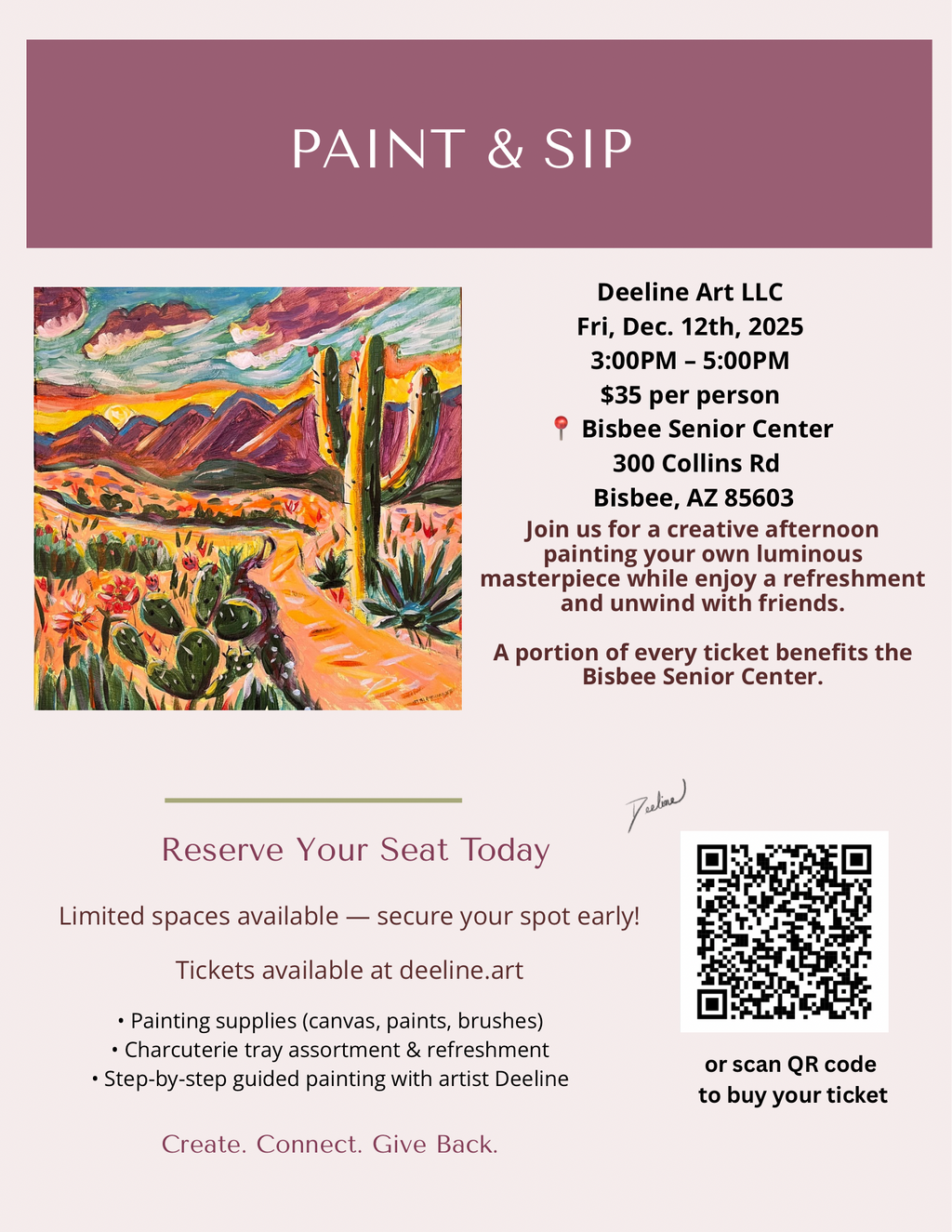Paint & Sip at Bisbee Senior center Ticket - 3pm - 5pm December 12th, 2025